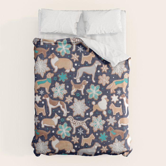 Catching ice and sweetness // navy blue background gingerbread white brown grey and dogs and snowflakes turquoise details Duvet Cover Gallery Image 1