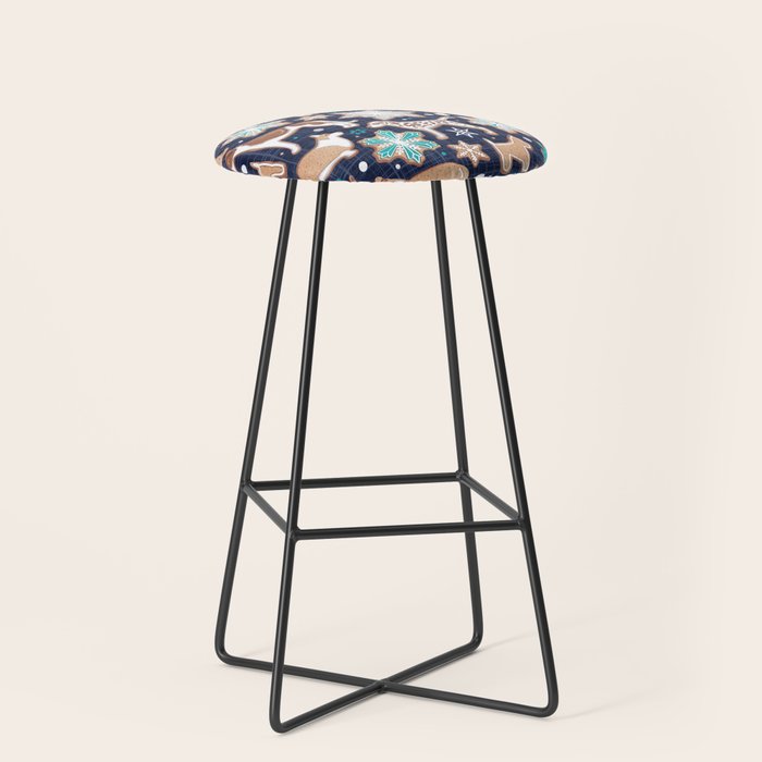 Catching ice and sweetness // navy blue background gingerbread white brown grey and dogs and snowflakes turquoise details Stool Gallery Image 1