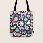 Catching ice and sweetness // navy blue background gingerbread white brown grey and dogs and snowflakes turquoise details Tote Bag Gallery Image 1
