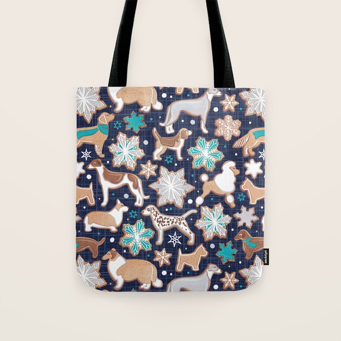 Catching ice and sweetness // navy blue background gingerbread white brown grey and dogs and snowflakes turquoise details Tote Bag Gallery Image 1