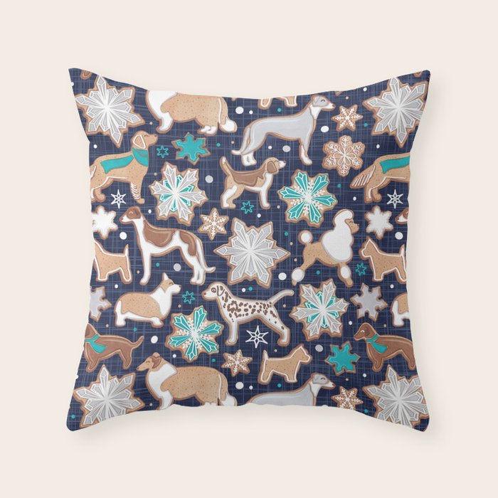 Catching ice and sweetness // navy blue background gingerbread white brown grey and dogs and snowflakes turquoise details Throw Pillow Gallery Image 1