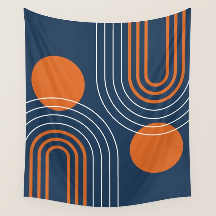 Mid Century Modern Geometric 111 in Navy Blue and Vintage Orange (Rainbow and Sun Abstraction) Wall Tapestry Gallery Image 1