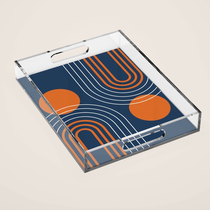 Mid Century Modern Geometric 111 in Navy Blue and Vintage Orange (Rainbow and Sun Abstraction) Acrylic Tray Gallery Image 1