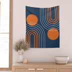 Mid Century Modern Geometric 111 in Navy Blue and Vintage Orange (Rainbow and Sun Abstraction) Wall Tapestry Gallery Image 2