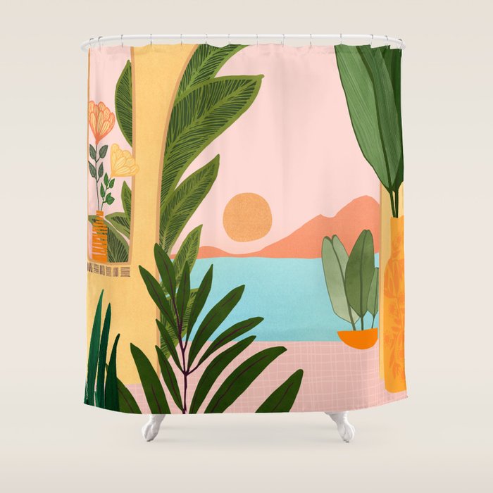 Moroccan Coast Tropical Sunset Scene Shower Curtain Gallery Image 1
