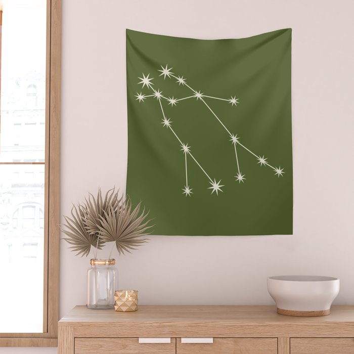 Gemini Zodiac Star Constellation Line Art Olive Green Wall Tapestry Gallery Image 2