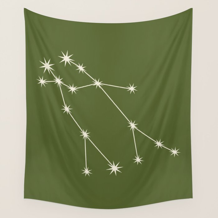 Gemini Zodiac Star Constellation Line Art Olive Green Wall Tapestry Gallery Image 4