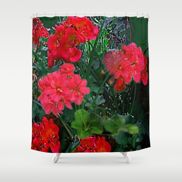 RED GERANIUMS GREEN GARDEN ART Shower Curtain Gallery Image 1