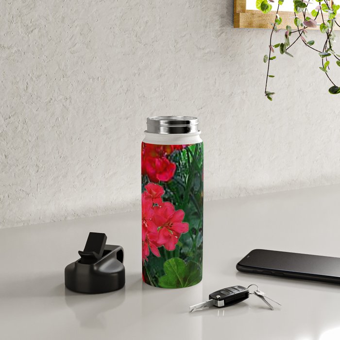 RED GERANIUMS GREEN GARDEN ART Water Bottle Gallery Image 4