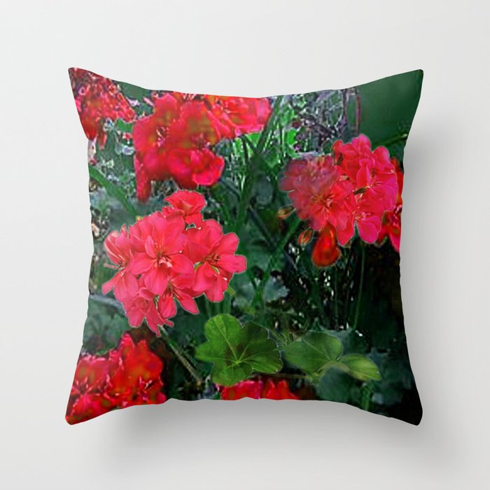 RED GERANIUMS GREEN GARDEN ART Throw Pillow Gallery Image 1