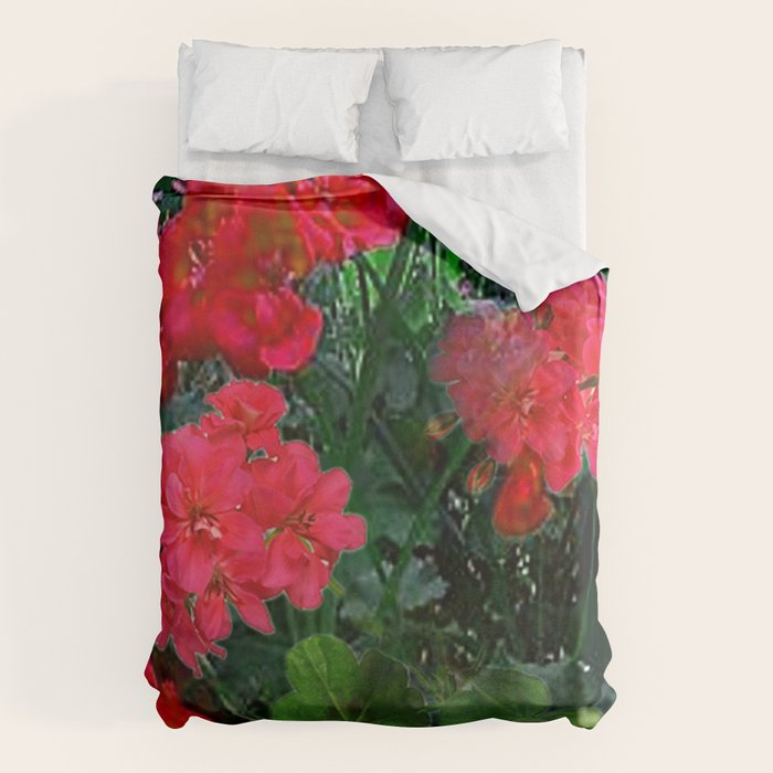 RED GERANIUMS GREEN GARDEN ART Duvet Cover Gallery Image 1