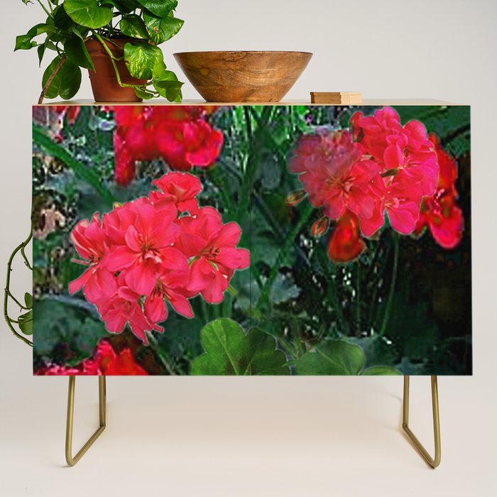 RED GERANIUMS GREEN GARDEN ART Credenza Gallery Image 1