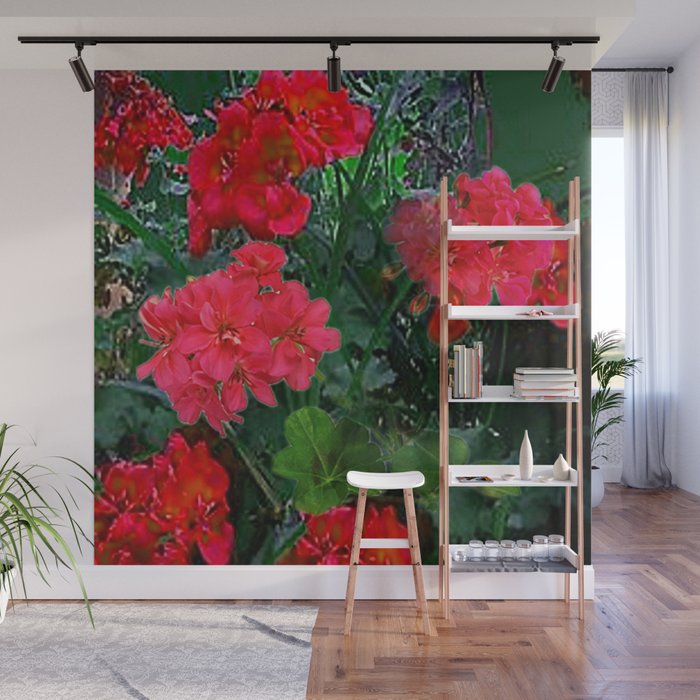RED GERANIUMS GREEN GARDEN ART Wall Mural Gallery Image 1