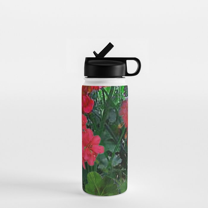 RED GERANIUMS GREEN GARDEN ART Water Bottle