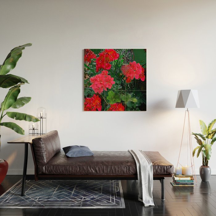 RED GERANIUMS GREEN GARDEN ART Wood Wall Art Gallery Image 2