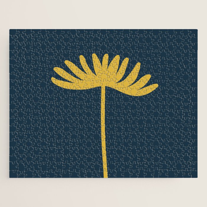 Tall Flower - Minimalist Floral in Light Mustard and Navy Blue Jigsaw Puzzle Gallery Image 1