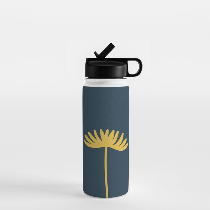 Tall Flower - Minimalist Floral in Light Mustard and Navy Blue Water Bottle Gallery Image 1