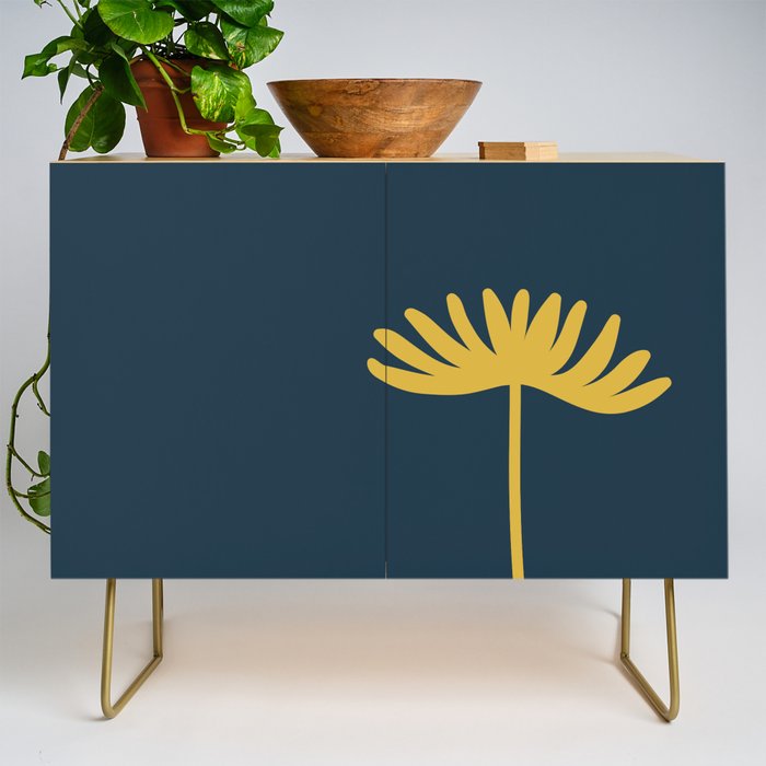 Tall Flower - Minimalist Floral in Light Mustard and Navy Blue Credenza Gallery Image 1