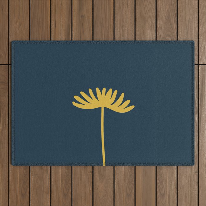 Tall Flower - Minimalist Floral in Light Mustard and Navy Blue Outdoor Rug Gallery Image 1