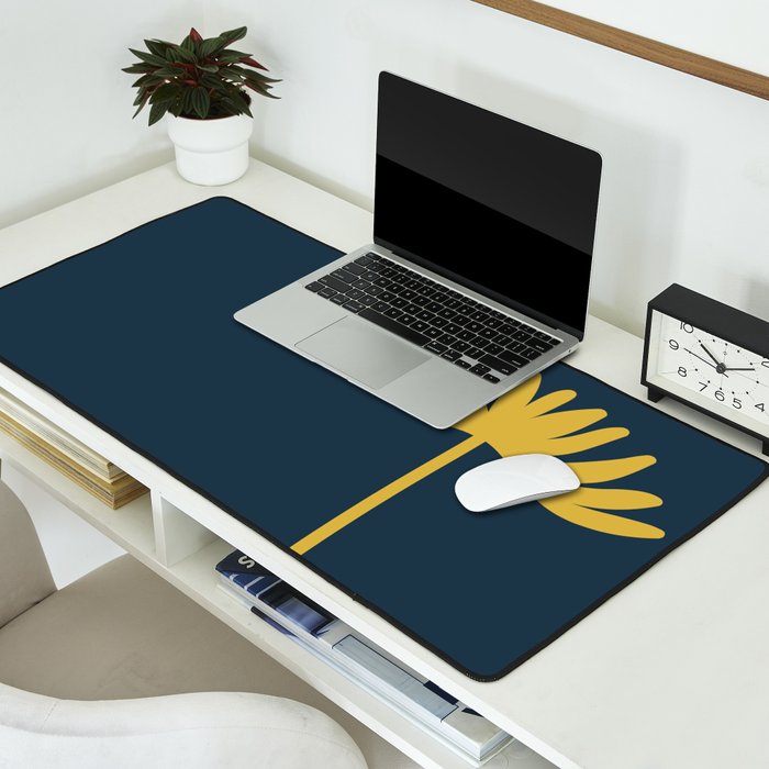 Tall Flower - Minimalist Floral in Light Mustard and Navy Blue Desk Mat Gallery Image 2