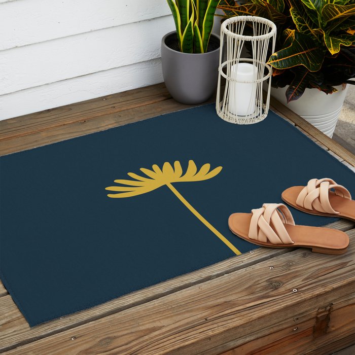 Tall Flower - Minimalist Floral in Light Mustard and Navy Blue Outdoor Rug Gallery Image 2