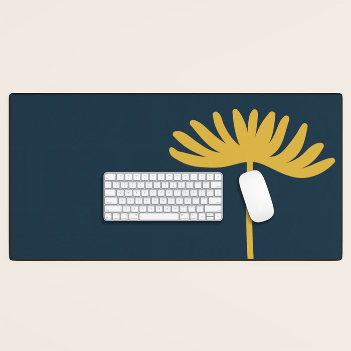 Tall Flower - Minimalist Floral in Light Mustard and Navy Blue Desk Mat Gallery Image 1