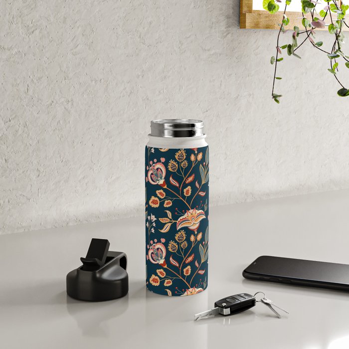 Indian Floral Trail - Deep Navy Blue Water Bottle Gallery Image 4