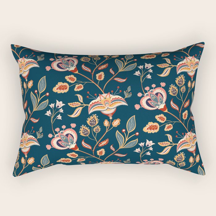 Indian Floral Trail - Deep Navy Blue Rectangular Pillow Gallery Image 1