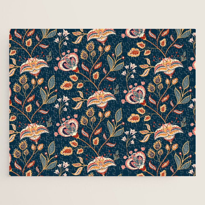 Indian Floral Trail - Deep Navy Blue Jigsaw Puzzle Gallery Image 1