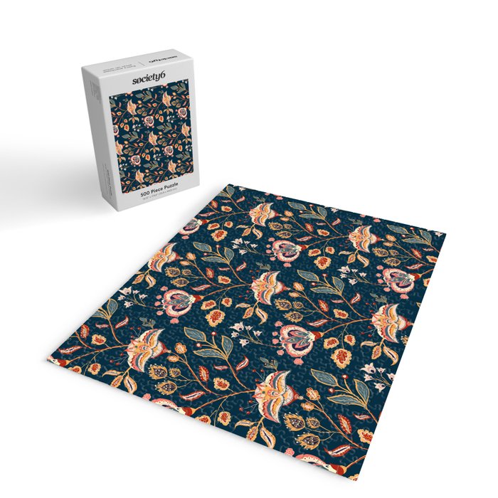 Indian Floral Trail - Deep Navy Blue Jigsaw Puzzle Gallery Image 2