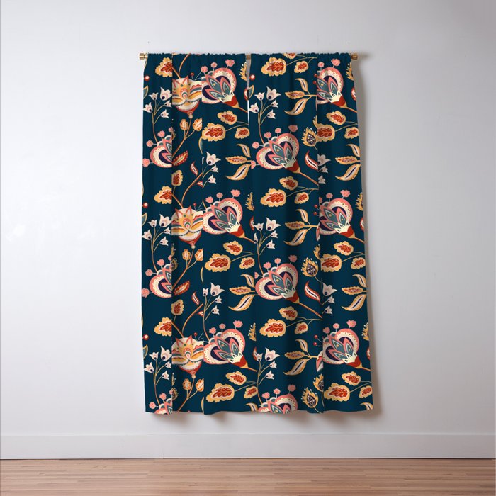 Indian Floral Trail - Deep Navy Blue Window Curtain Gallery Image 3