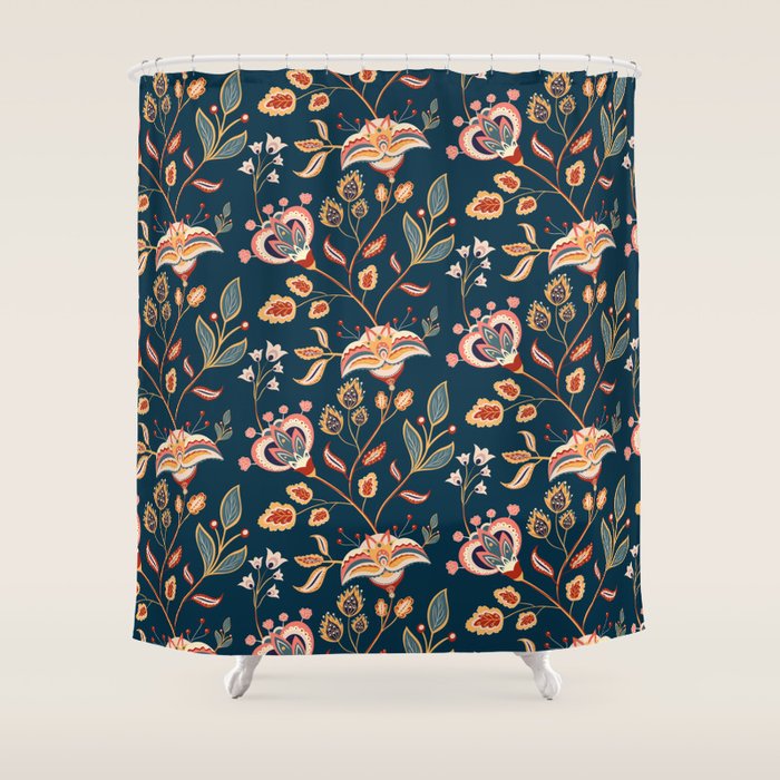 Indian Floral Trail - Deep Navy Blue Shower Curtain Gallery Image 1