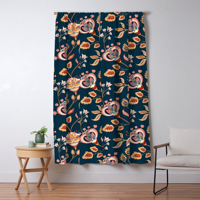 Indian Floral Trail - Deep Navy Blue Window Curtain Gallery Image 5