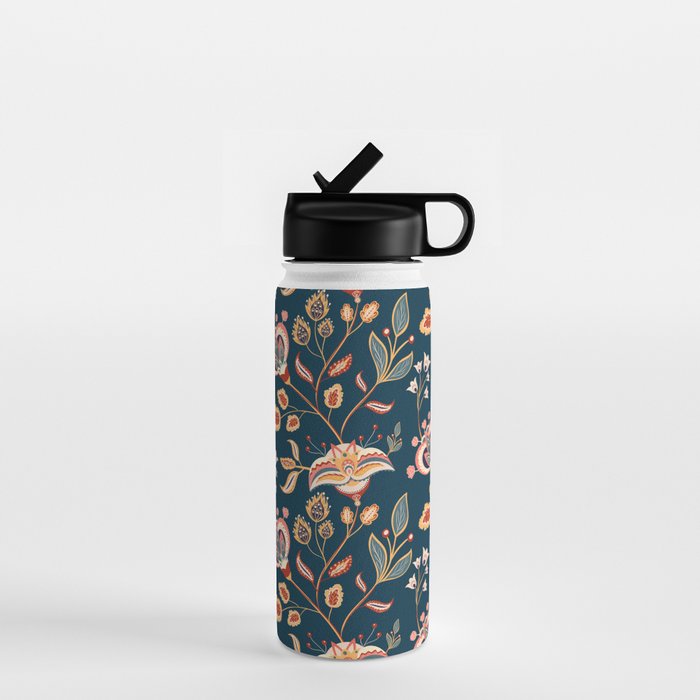 Indian Floral Trail - Deep Navy Blue Water Bottle Gallery Image 1