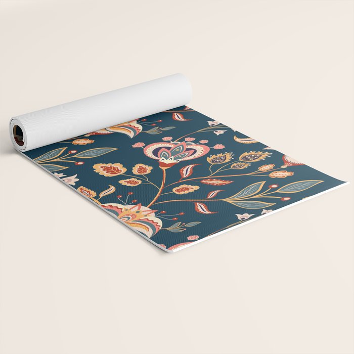 Indian Floral Trail - Deep Navy Blue Yoga Mat Gallery Image 2