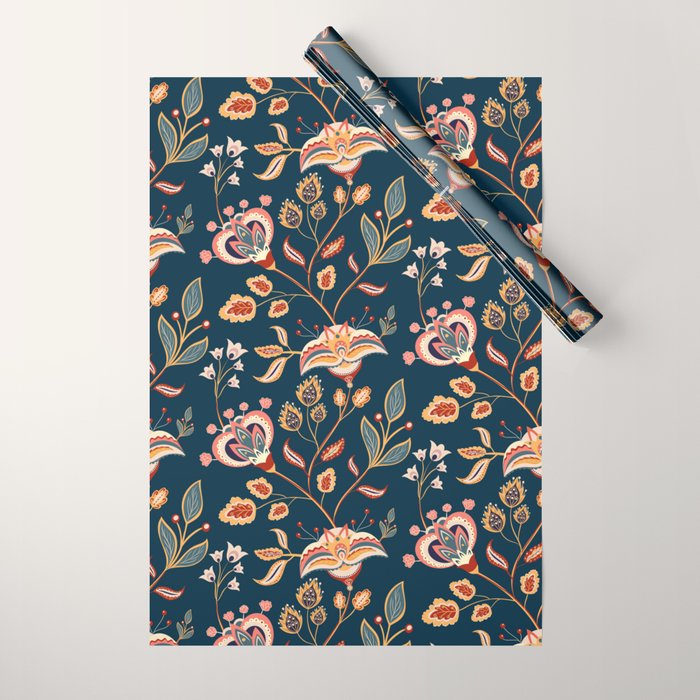 Indian Floral Trail - Deep Navy Blue Wrapping Paper Gallery Image 1
