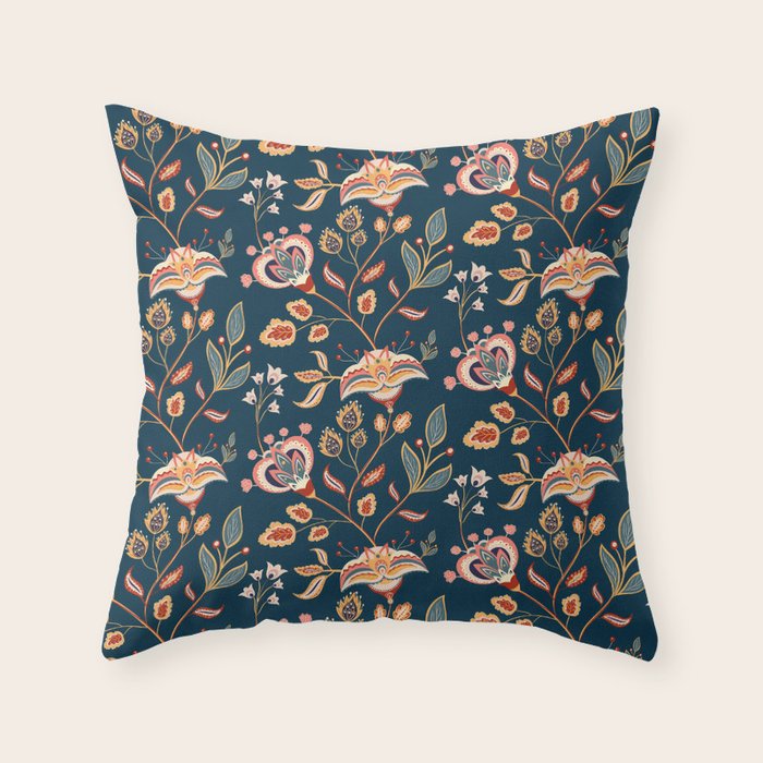 Indian Floral Trail - Deep Navy Blue Throw Pillow Gallery Image 1