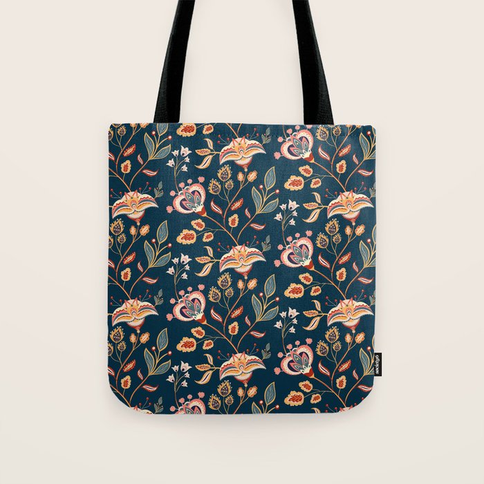 Indian Floral Trail - Deep Navy Blue Tote Bag Gallery Image 1