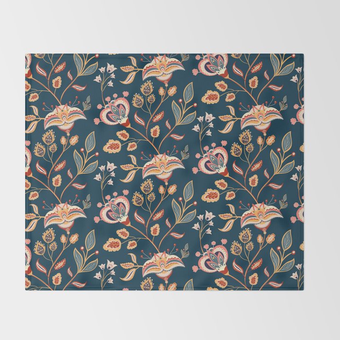 Indian Floral Trail - Deep Navy Blue Throw Blanket Gallery Image 2