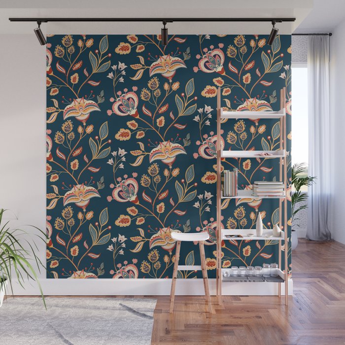 Indian Floral Trail - Deep Navy Blue Wall Mural Gallery Image 1