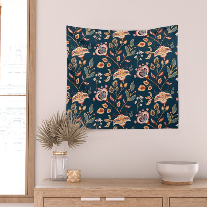 Indian Floral Trail - Deep Navy Blue Wall Tapestry Gallery Image 2