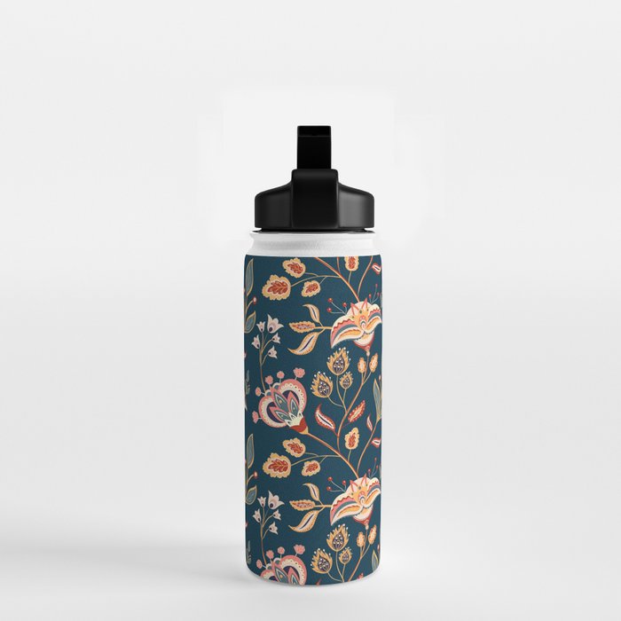 Indian Floral Trail - Deep Navy Blue Water Bottle Gallery Image 2