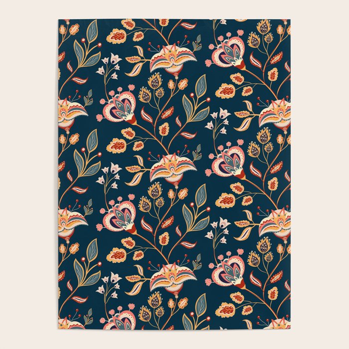 Indian Floral Trail - Deep Navy Blue Poster Gallery Image 4