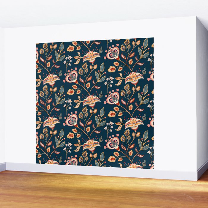 Indian Floral Trail - Deep Navy Blue Wall Mural Gallery Image 2