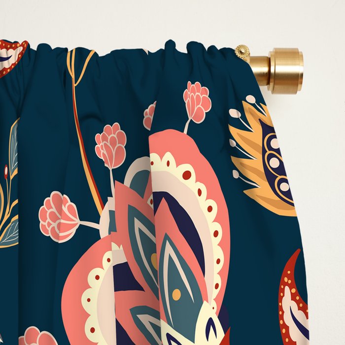 Indian Floral Trail - Deep Navy Blue Window Curtain Gallery Image 2