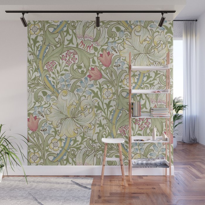 William Morris Vintage Golden Lily Green & Red  Wall Mural Gallery Image 1