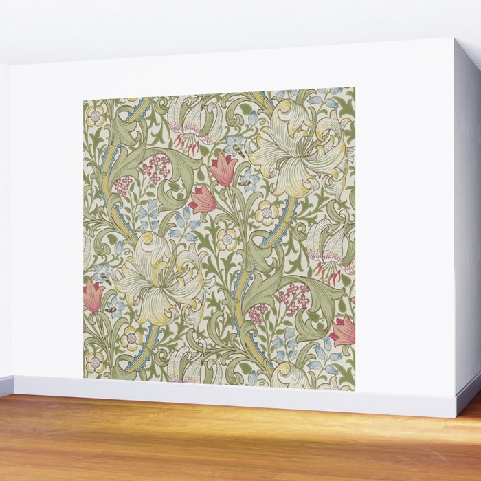 William Morris Vintage Golden Lily Green & Red  Wall Mural Gallery Image 2