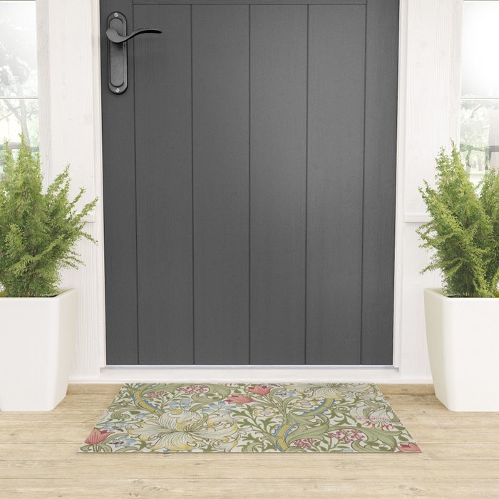 William Morris Vintage Golden Lily Green & Red  Welcome Mat Gallery Image 3