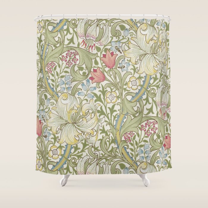 William Morris Vintage Golden Lily Green & Red  Shower Curtain Gallery Image 1