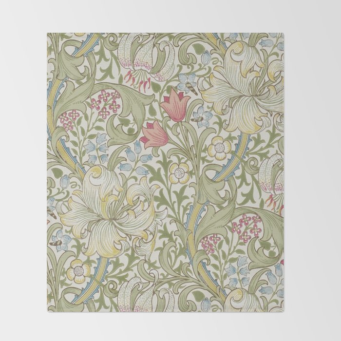 William Morris Vintage Golden Lily Green & Red  Throw Blanket Gallery Image 2
